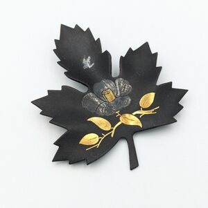 Vintage Amita Japanese Damascene Maple Leaf Brooch Pin Floral bird